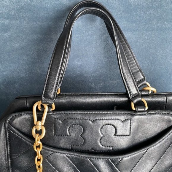 Tory Burch Alexa Satchel In Black Leather with Gold Accents - Picture 7 of 11